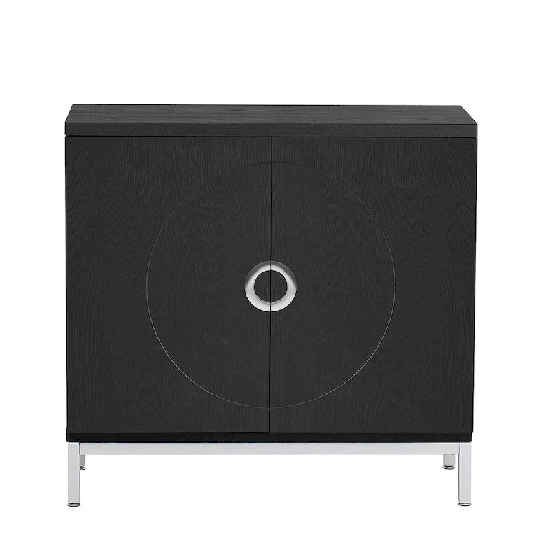 Buffet avec surface en placage bois et pieds en métal – Bleu / Noir / Blanc, une porte, 1 unité