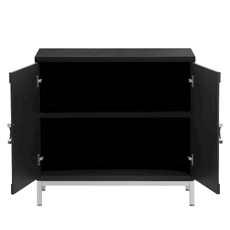 Buffet avec surface en placage bois et pieds en métal – Bleu / Noir / Blanc, une porte, 1 unité