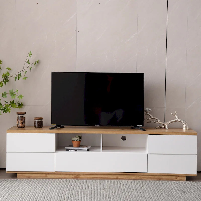 Meuble TV moderne blanc et naturel pour téléviseurs jusqu'à 80 pouces