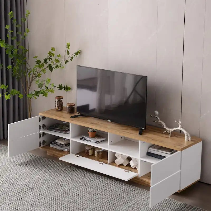 Meuble TV moderne blanc et naturel pour téléviseurs jusqu'à 80 pouces