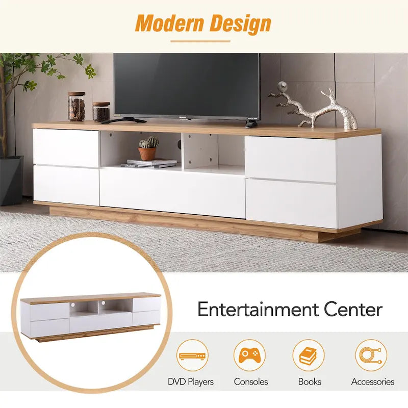 Meuble TV moderne blanc et naturel pour téléviseurs jusqu'à 80 pouces