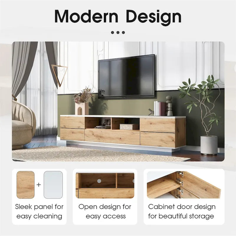Meuble TV moderne blanc et naturel pour téléviseurs jusqu'à 80 pouces