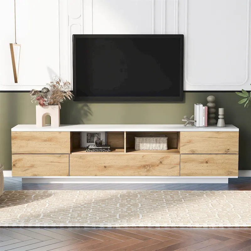 Meuble TV moderne blanc et naturel pour téléviseurs jusqu'à 80 pouces
