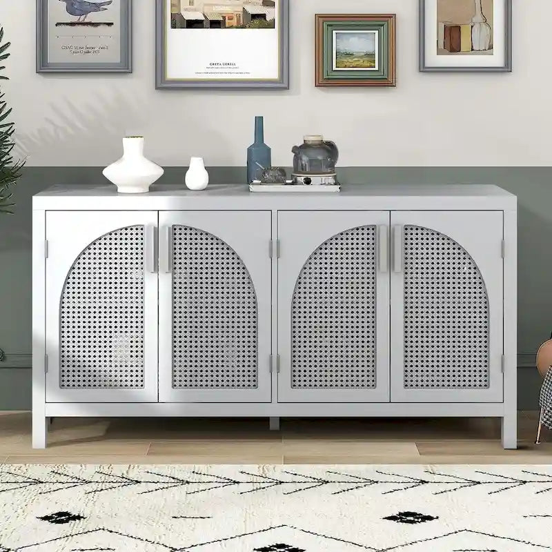 Buffet de ferme gris/blanc/noir avec portes en rotin, 2 armoires