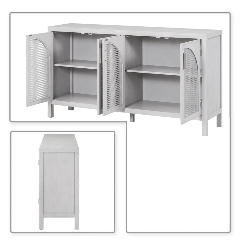 Buffet de ferme gris/blanc/noir avec portes en rotin, 2 armoires