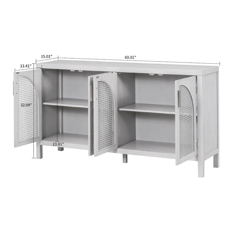 Buffet de ferme gris/blanc/noir avec portes en rotin, 2 armoires