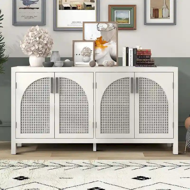 Buffet de ferme gris/blanc/noir avec portes en rotin, 2 armoires