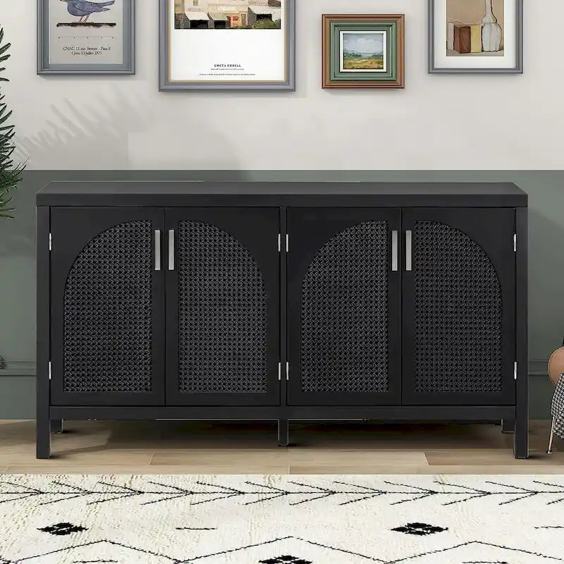 Buffet de ferme gris/blanc/noir avec portes en rotin, 2 armoires