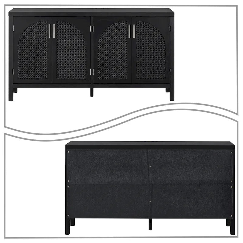 Buffet de ferme gris/blanc/noir avec portes en rotin, 2 armoires