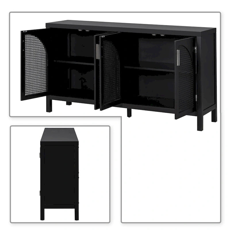 Buffet de ferme gris/blanc/noir avec portes en rotin, 2 armoires