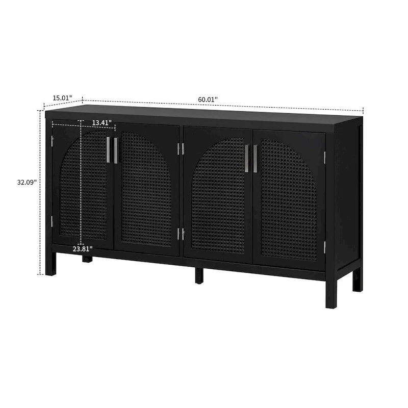 Buffet de ferme gris/blanc/noir avec portes en rotin, 2 armoires