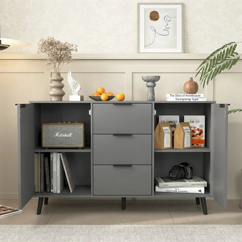 Buffet bas gris / bois naturel, 3 tiroirs et 2 portes, 1 à 2 personnes