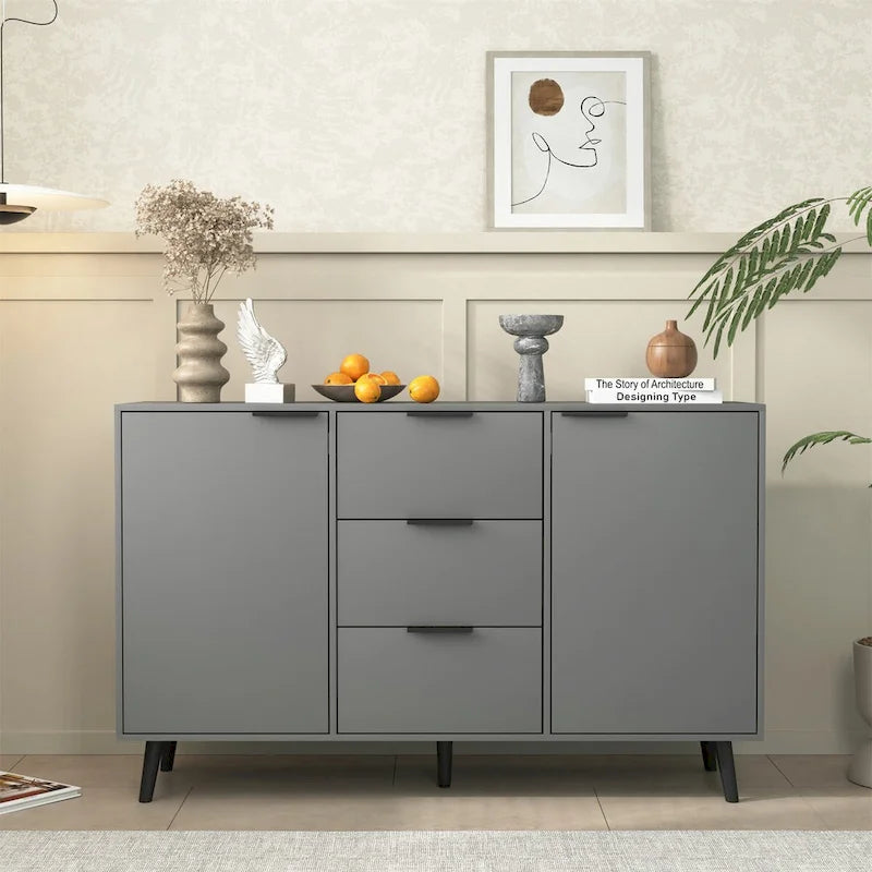 Buffet bas gris / bois naturel, 3 tiroirs et 2 portes, 1 à 2 personnes