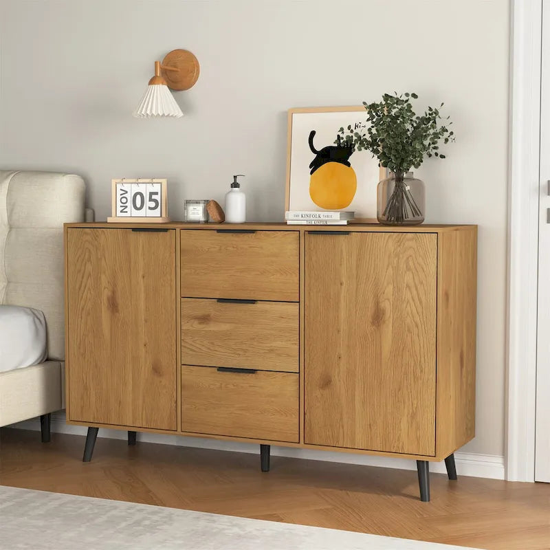 Buffet bas gris / bois naturel, 3 tiroirs et 2 portes, 1 à 2 personnes