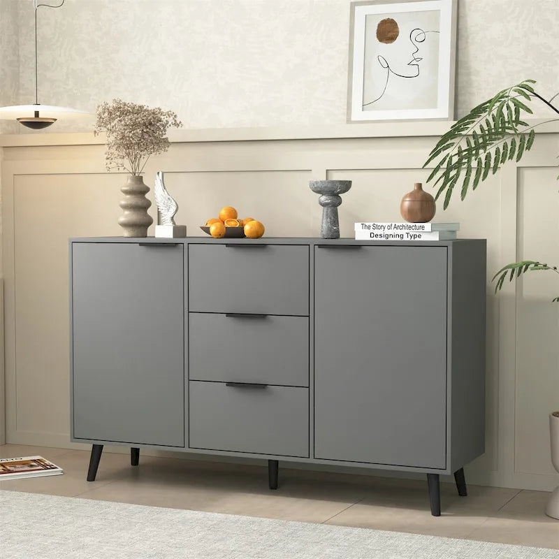 Buffet bas gris / bois naturel, 3 tiroirs et 2 portes, 1 à 2 personnes