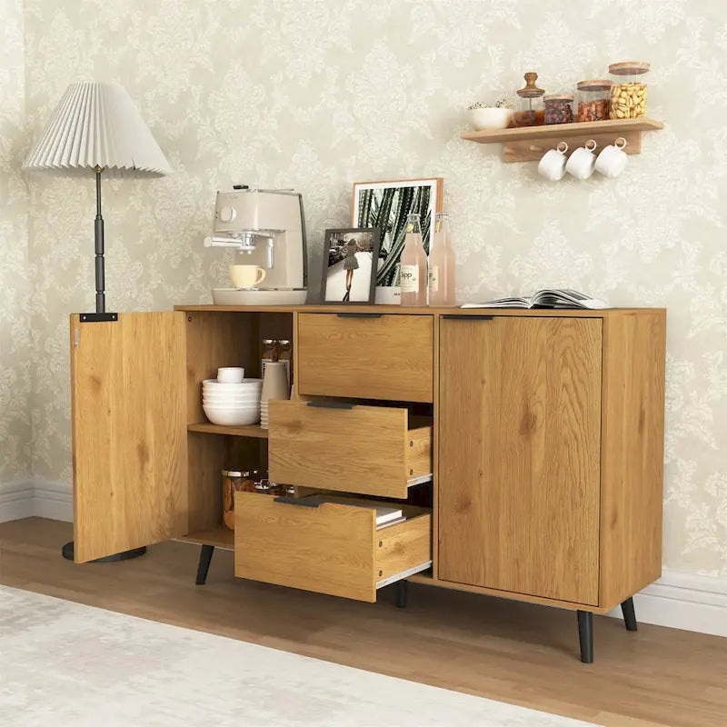 Buffet bas gris / bois naturel, 3 tiroirs et 2 portes, 1 à 2 personnes