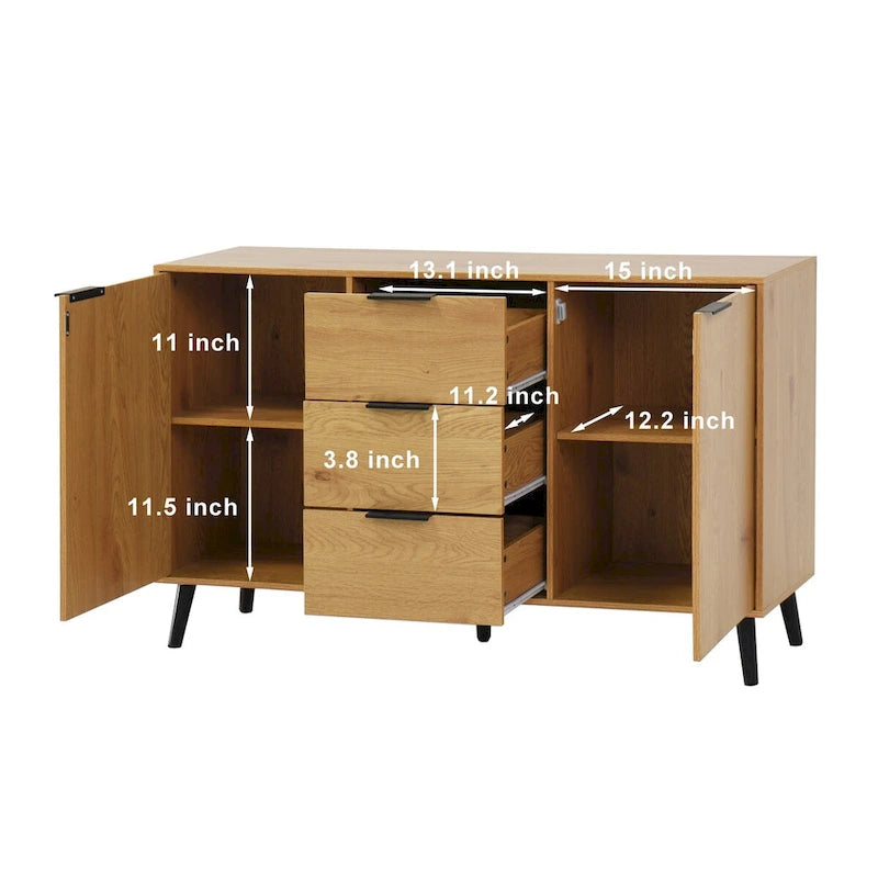 Buffet bas gris / bois naturel, 3 tiroirs et 2 portes, 1 à 2 personnes