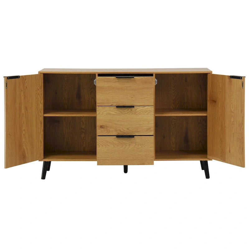 Buffet bas gris / bois naturel, 3 tiroirs et 2 portes, 1 à 2 personnes