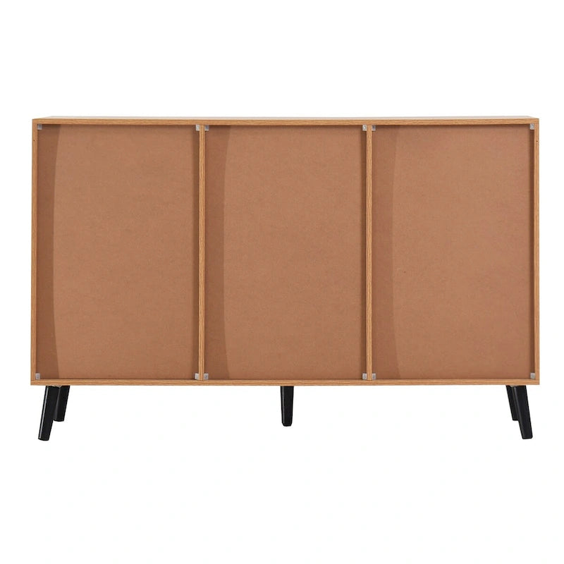 Buffet bas gris / bois naturel, 3 tiroirs et 2 portes, 1 à 2 personnes