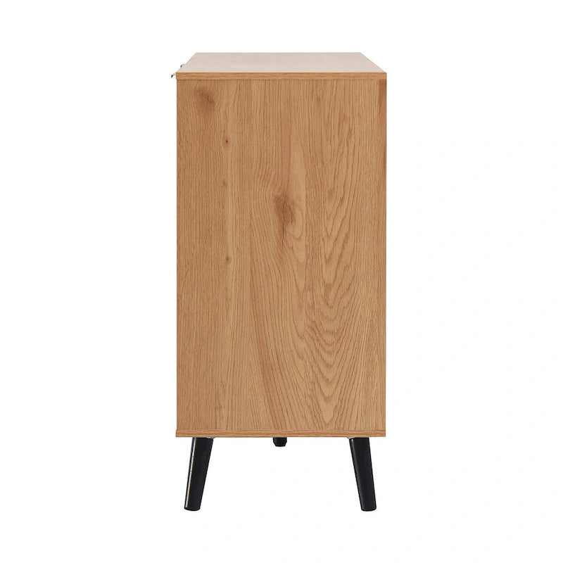 Buffet bas gris / bois naturel, 3 tiroirs et 2 portes, 1 à 2 personnes
