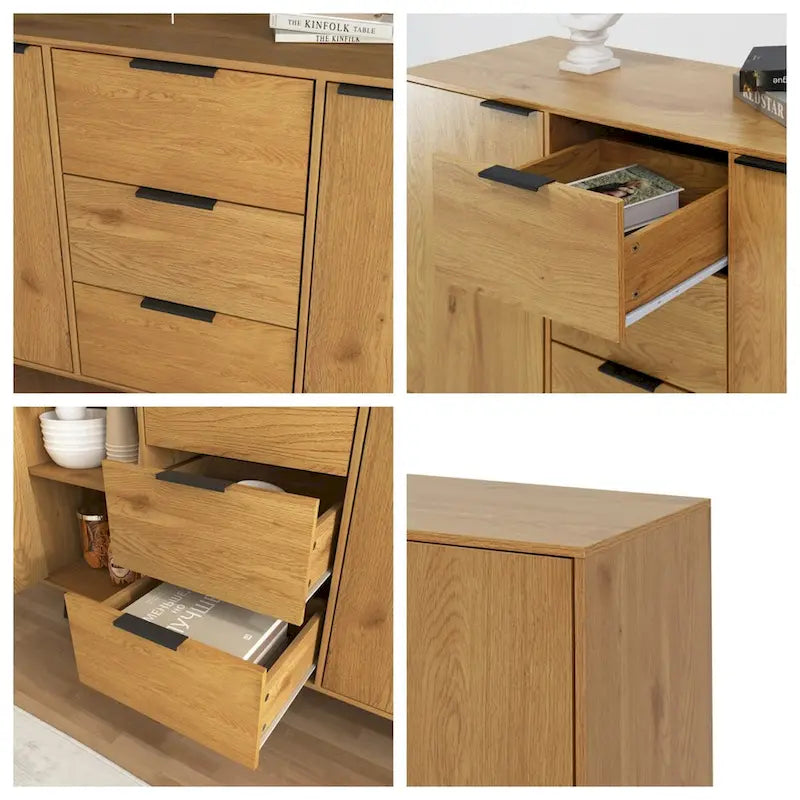 Buffet bas gris / bois naturel, 3 tiroirs et 2 portes, 1 à 2 personnes