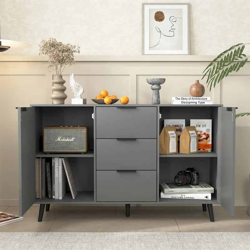 Buffet bas gris / bois naturel, 3 tiroirs et 2 portes, 1 à 2 personnes