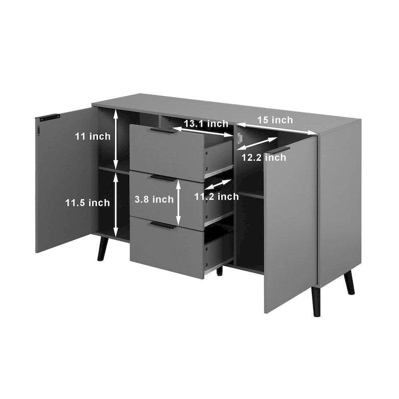 Buffet bas gris / bois naturel, 3 tiroirs et 2 portes, 1 à 2 personnes