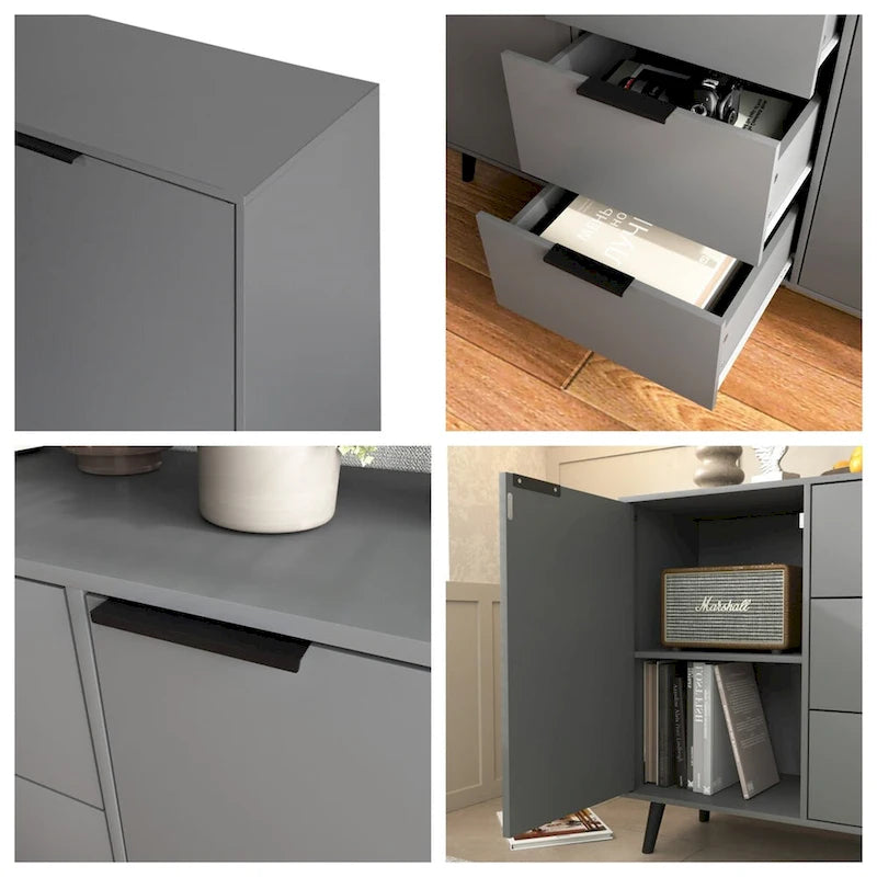 Buffet bas gris / bois naturel, 3 tiroirs et 2 portes, 1 à 2 personnes