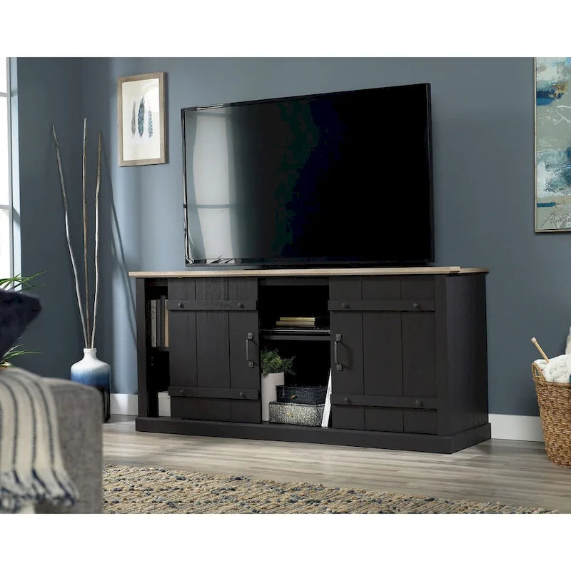 Meuble TV de style rustique avec portes coulissantes – 6 coloris, compatible avec les téléviseurs jusqu'à 70 pouces