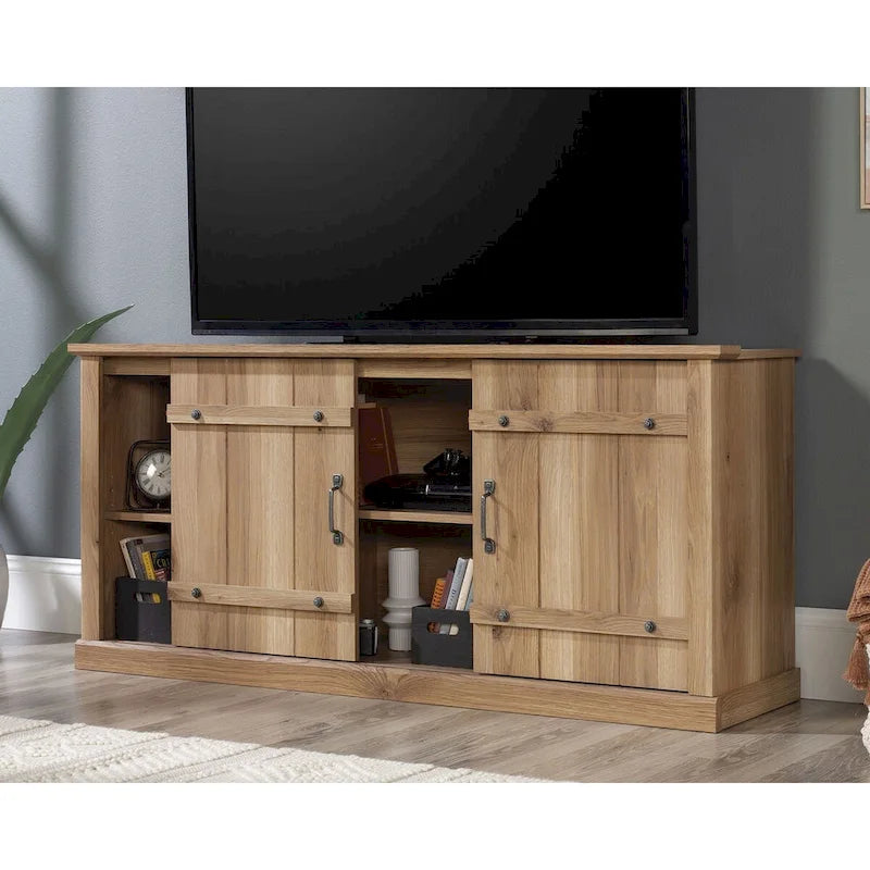 Meuble TV de style rustique avec portes coulissantes – 6 coloris, compatible avec les téléviseurs jusqu'à 70 pouces