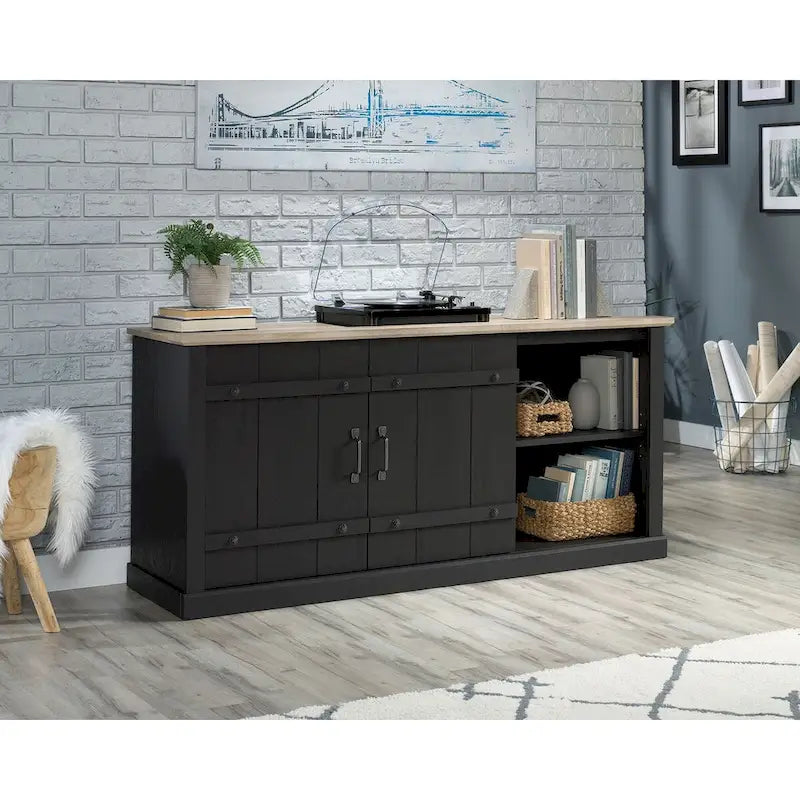 Meuble TV de style rustique avec portes coulissantes – 6 coloris, compatible avec les téléviseurs jusqu'à 70 pouces