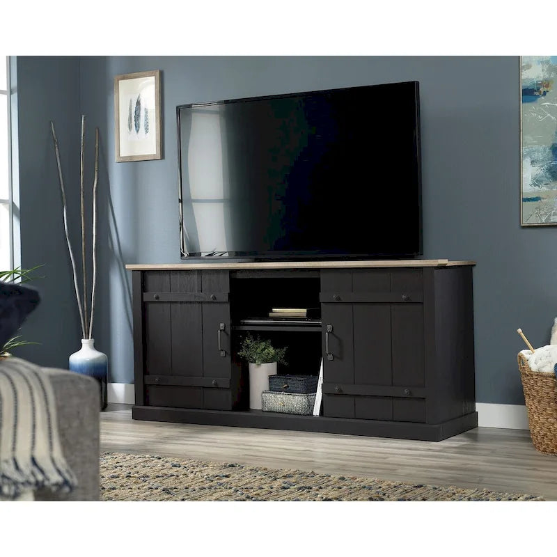 Meuble TV de style rustique avec portes coulissantes – 6 coloris, compatible avec les téléviseurs jusqu'à 70 pouces