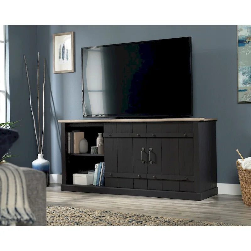 Meuble TV de style rustique avec portes coulissantes – 6 coloris, compatible avec les téléviseurs jusqu'à 70 pouces
