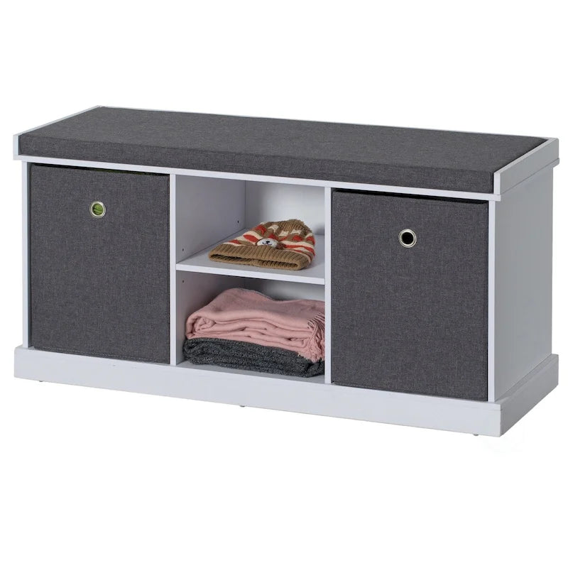 Banc de rangement gris avec 2 étagères, 2 paniers pliables et un coussin – 1 place