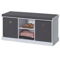 Banc de rangement gris avec 2 étagères, 2 paniers pliables et un coussin – 1 place