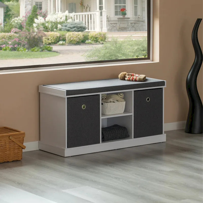 Banc de rangement gris avec 2 étagères, 2 paniers pliables et un coussin – 1 place