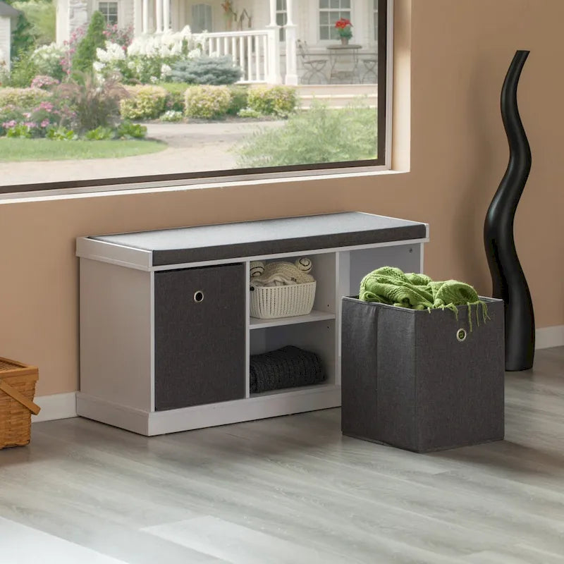 Banc de rangement gris avec 2 étagères, 2 paniers pliables et un coussin – 1 place