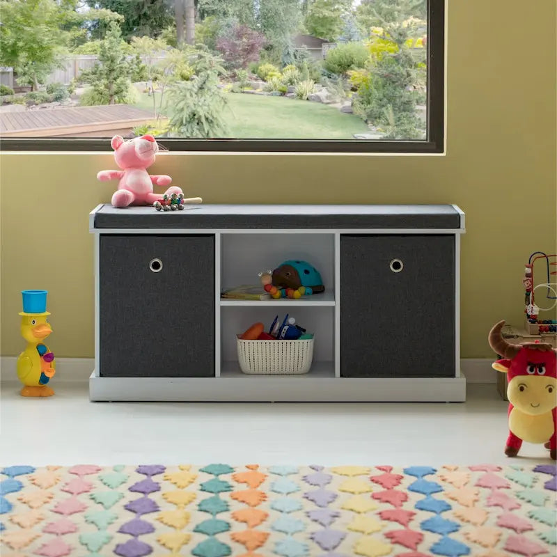 Banc de rangement gris avec 2 étagères, 2 paniers pliables et un coussin – 1 place