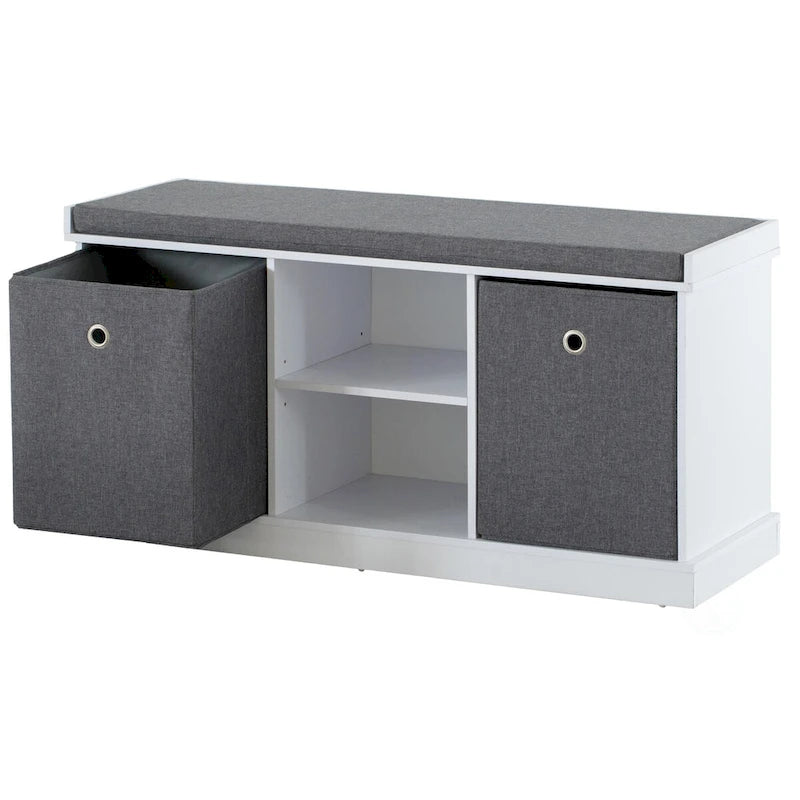 Banc de rangement gris avec 2 étagères, 2 paniers pliables et un coussin – 1 place