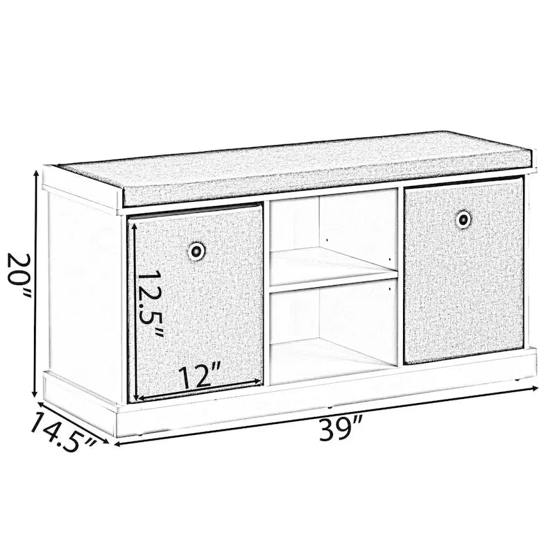 Banc de rangement gris avec 2 étagères, 2 paniers pliables et un coussin – 1 place