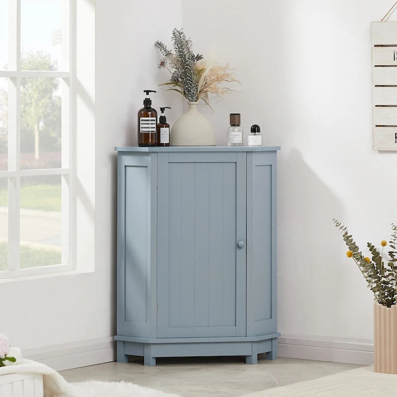 Meuble d'angle de rangement triangulaire Bleu/Blanc/Gris/Marron avec étagères réglables, 1 personne