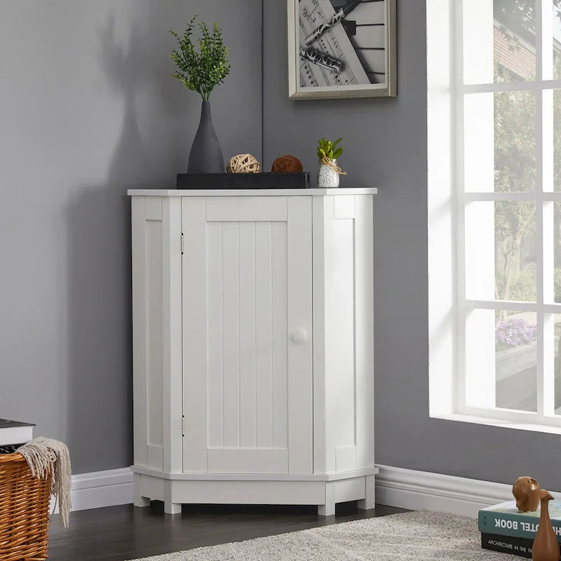 Meuble d'angle de rangement triangulaire Bleu/Blanc/Gris/Marron avec étagères réglables, 1 personne