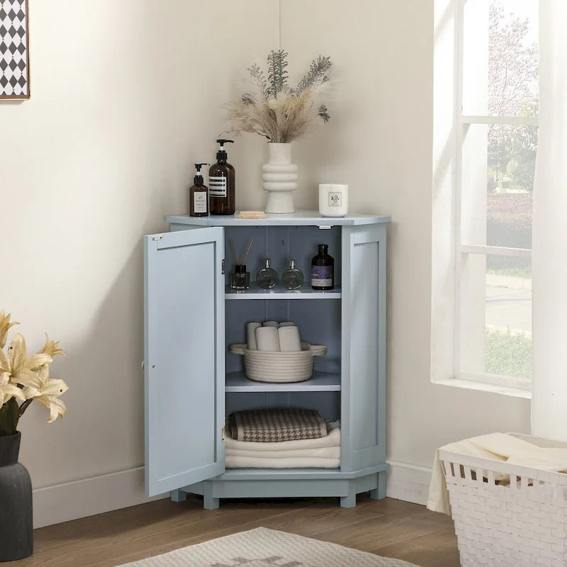 Meuble d'angle de rangement triangulaire Bleu/Blanc/Gris/Marron avec étagères réglables, 1 personne