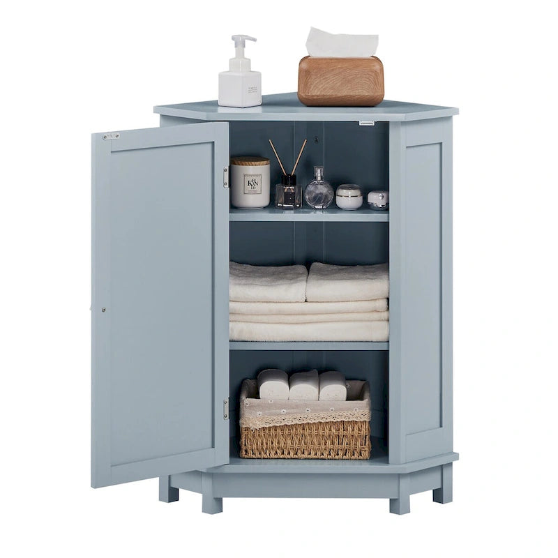 Meuble d'angle de rangement triangulaire Bleu/Blanc/Gris/Marron avec étagères réglables, 1 personne