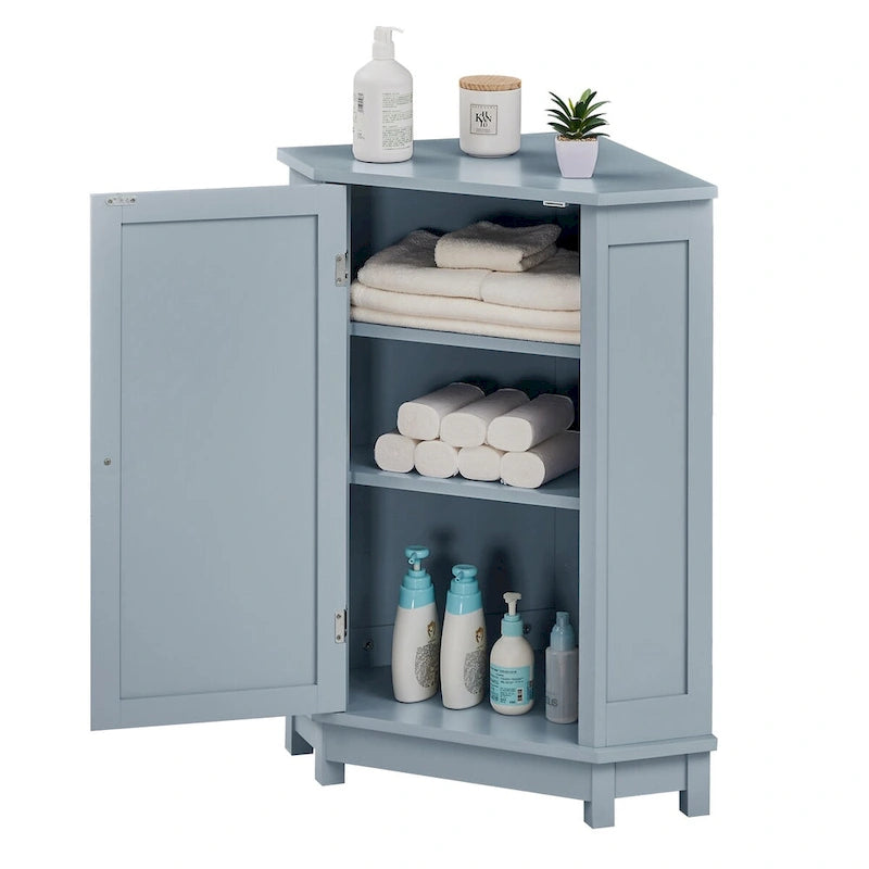 Meuble d'angle de rangement triangulaire Bleu/Blanc/Gris/Marron avec étagères réglables, 1 personne