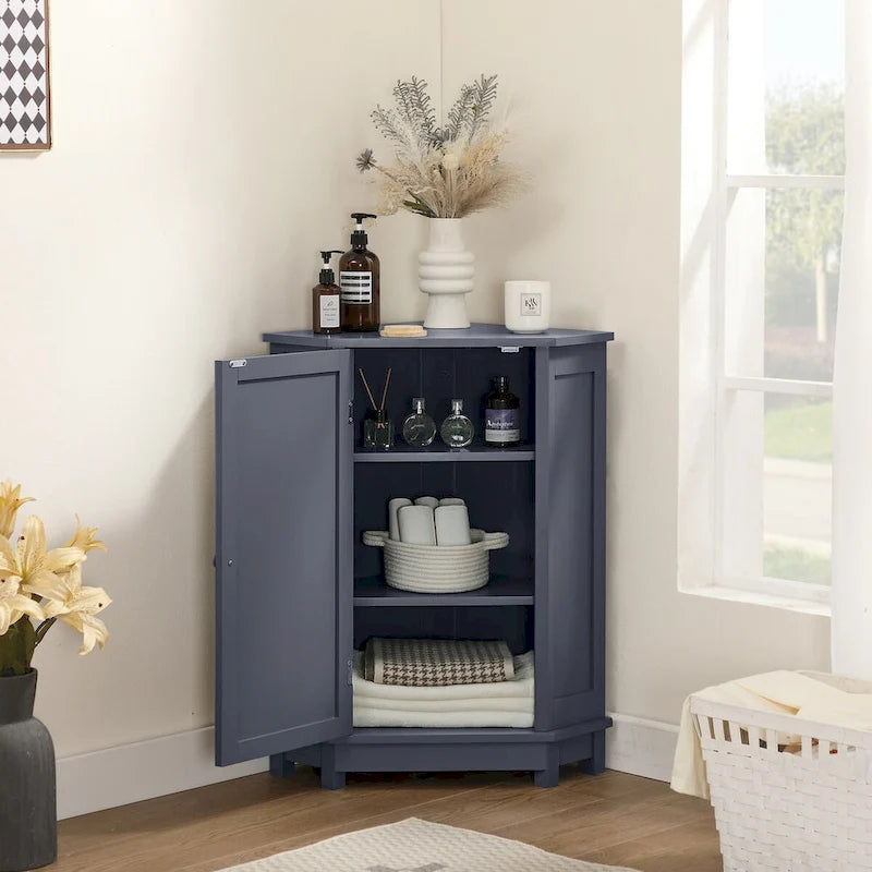 Meuble d'angle de rangement triangulaire Bleu/Blanc/Gris/Marron avec étagères réglables, 1 personne