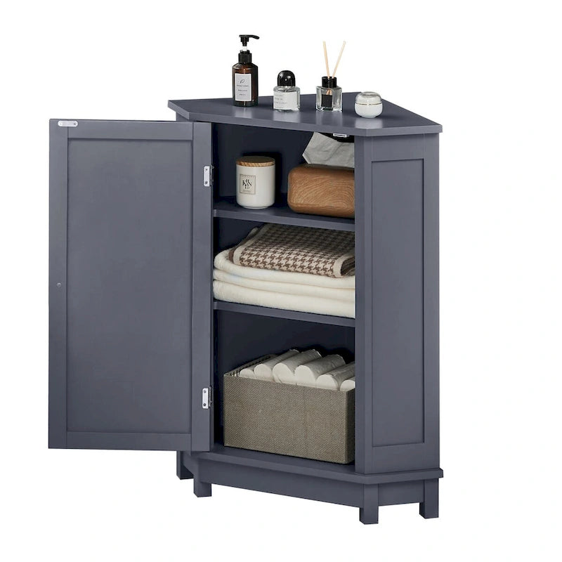 Meuble d'angle de rangement triangulaire Bleu/Blanc/Gris/Marron avec étagères réglables, 1 personne