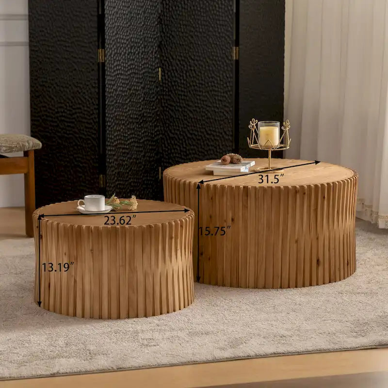 Table basse gigogne marron foncé / naturelle, relief gaufré vintage, lot de 2