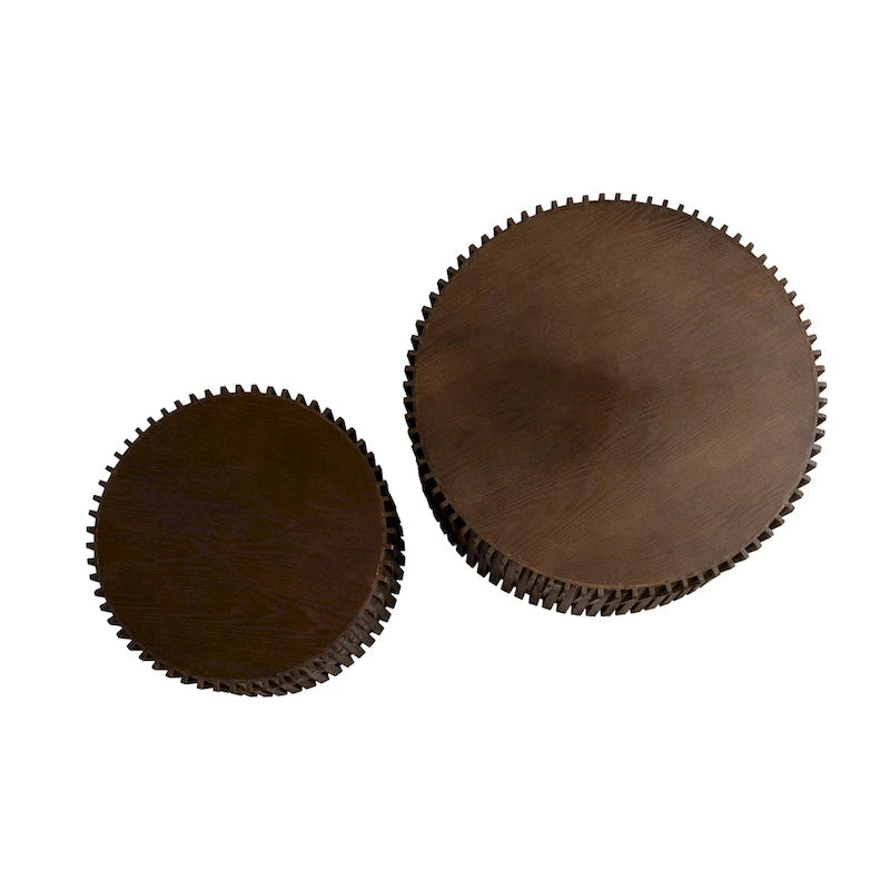 Table basse gigogne marron foncé / naturelle, relief gaufré vintage, lot de 2