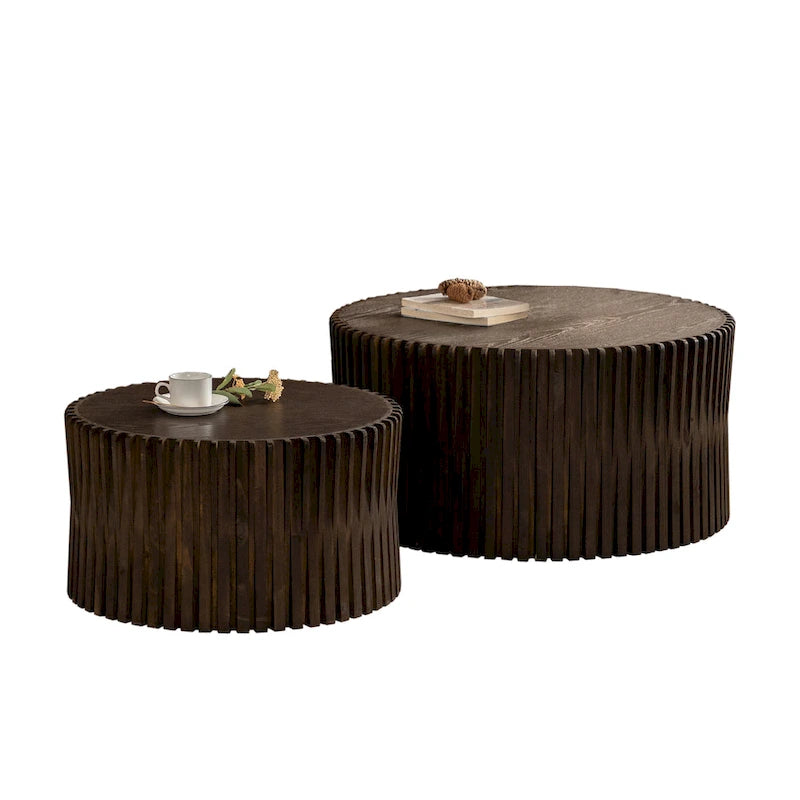 Table basse gigogne marron foncé / naturelle, relief gaufré vintage, lot de 2